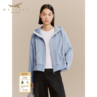 卫衣运动抽绳外套休闲 绒感蓝色连帽短款 XII BASKET十二篮冬季