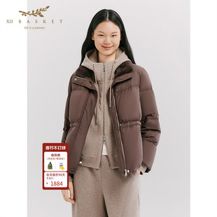 十二篮25冬新款水貂毛领白鹅绒短款羽绒服气质休闲外套咖色