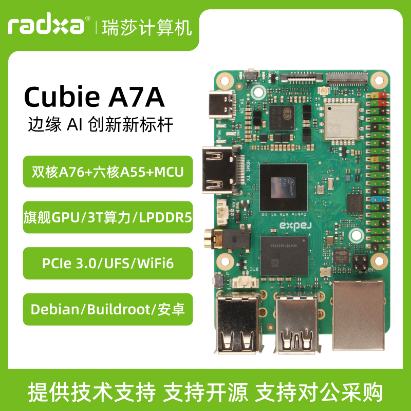 瑞莎 Radxa Cubie A7A 全志 八核SOC 开发板 3TOPS AI加速 RISC-V