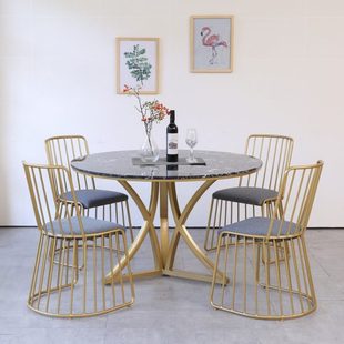 北欧轻奢大理石圆形餐桌现代桌铁艺家用小户型带转盘圆餐桌椅组合