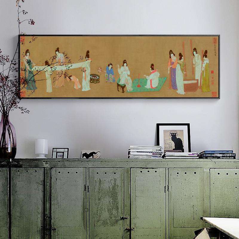 唐张萱捣练图仕女图茶室挂画装饰画卧室画床头壁画新中式装饰画