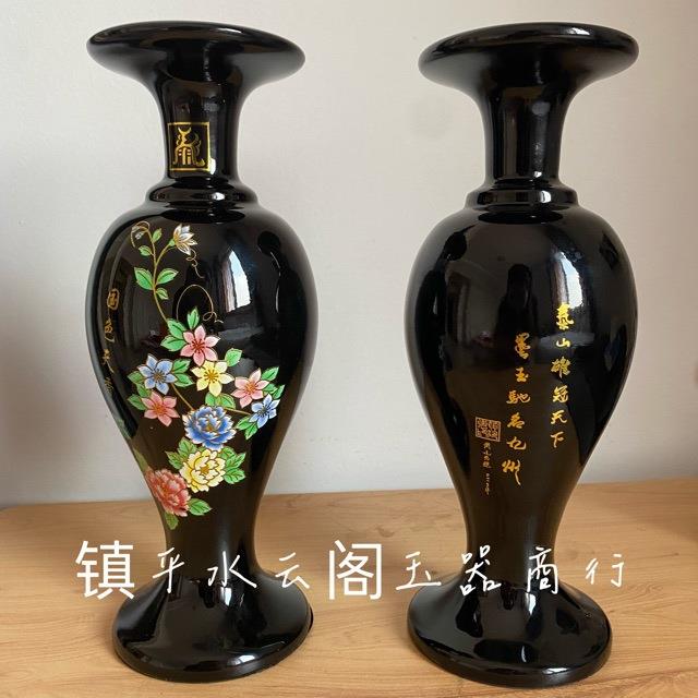 泰山墨玉牡丹花瓶摆件原石雕刻客厅插画创意办公室装饰客厅装饰