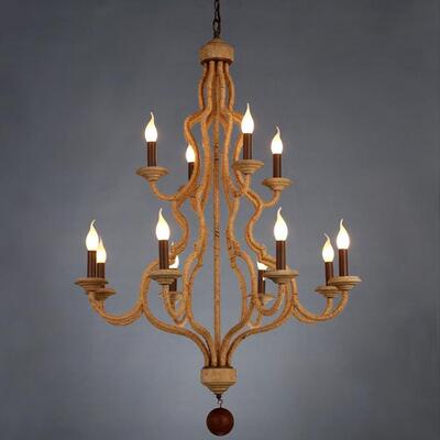 美式复古做旧乡村风麻绳吊灯木艺雕刻创意客厅双层复式楼装饰灯饰