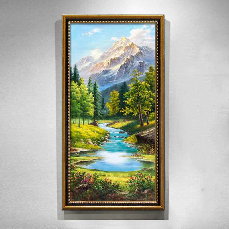 美式山水风景客厅装饰画手绘油画金山聚宝盆高端大气入户正对门