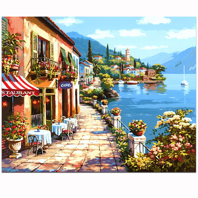 数字油画风景欧式框*手绘填色大幅卧室客厅 装饰画