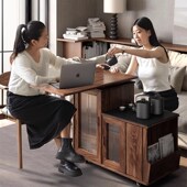 凯 新全实木旋转茶几沙发边柜侧边柜带茶台