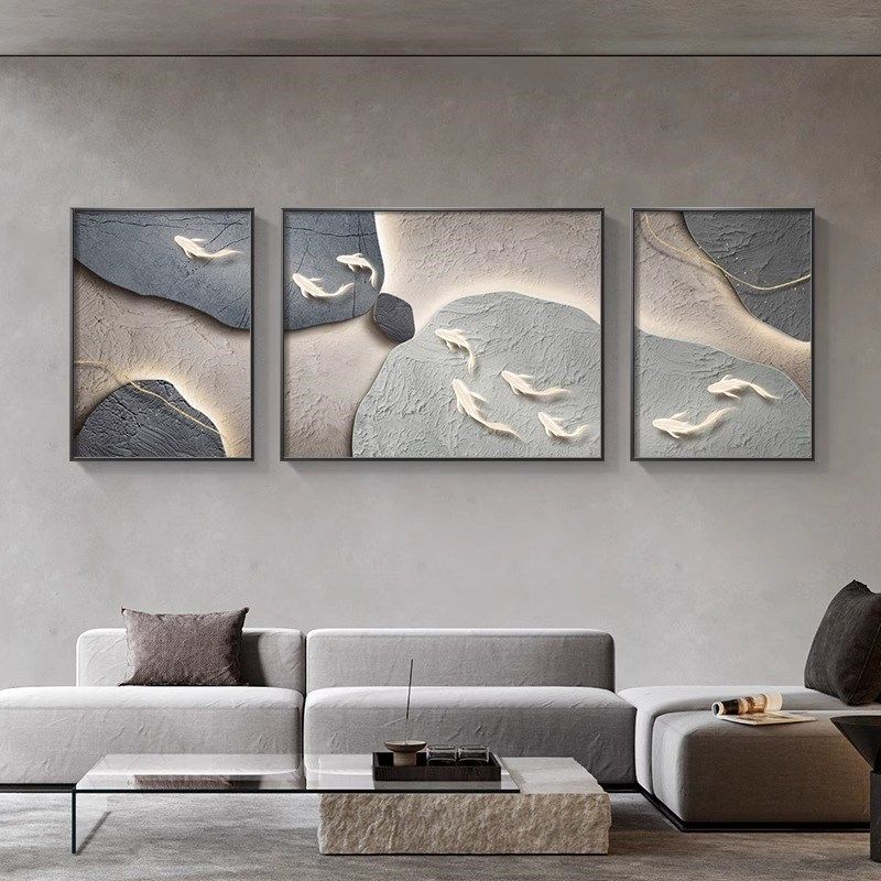 九鱼图画风肌理画客厅沙发背景墙挂画级感壁画