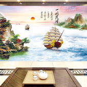 一帆风顺电视背景墙壁画定制墙纸立体山水画客厅墙布