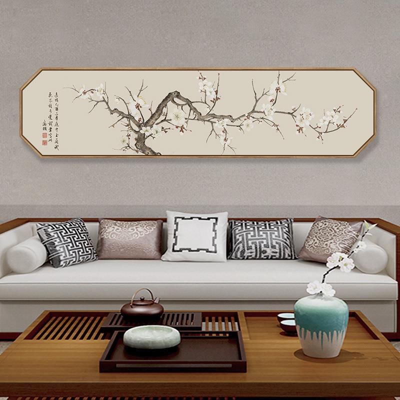 百卉俏枝头 新中式卧室装饰画工笔花鸟字画横八边形室内房间挂画