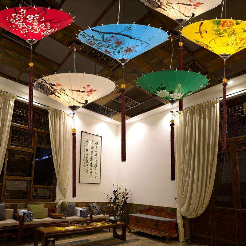 伞灯中式吊灯中国风雨伞灯古典布艺手绘灯笼灯创意饭店客餐厅灯具