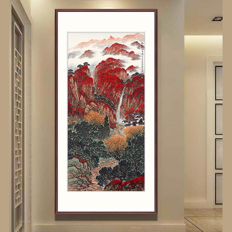 中式客厅走廊过道落地画竖幅山水画玄关正对门聚财风水挂画高级感