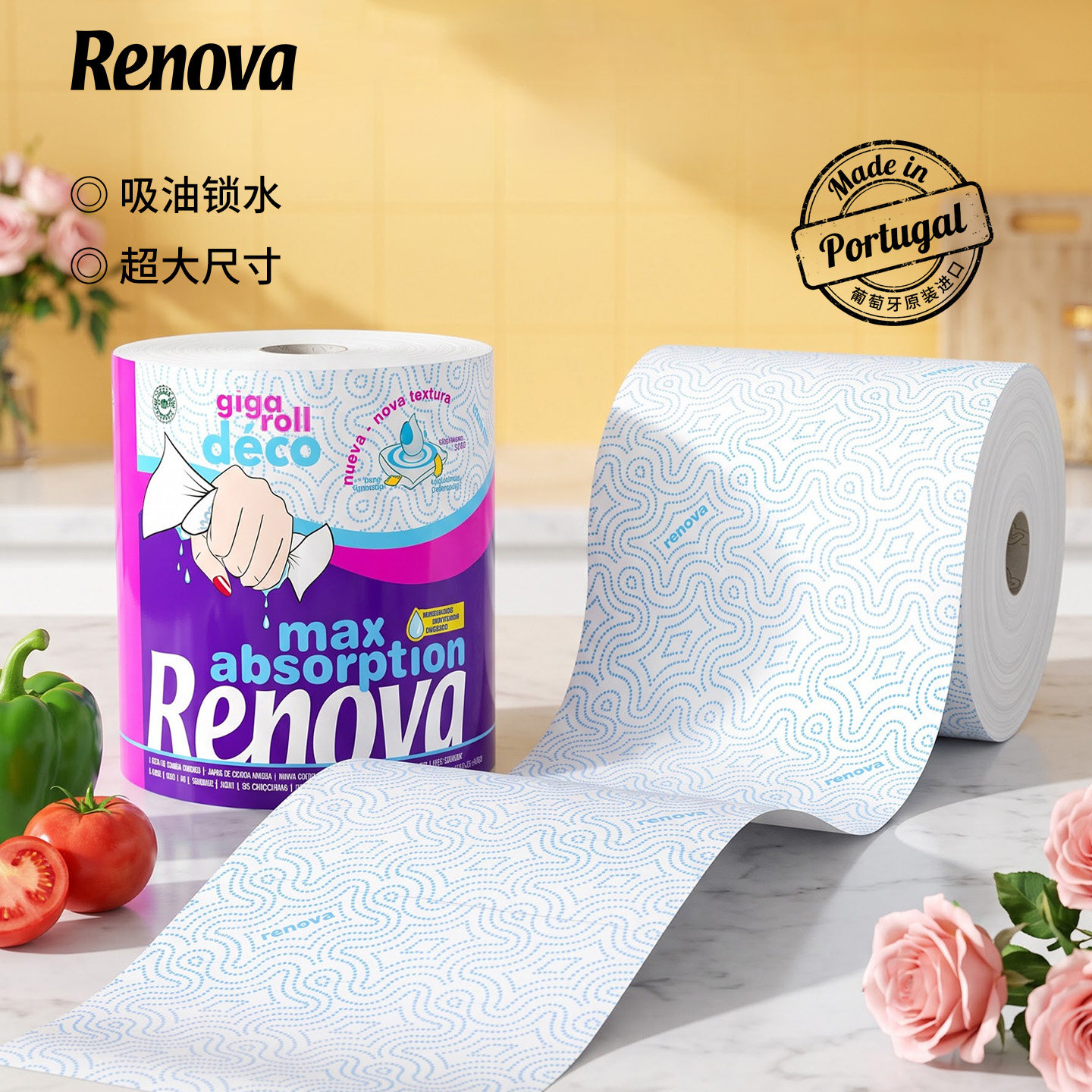 RENOVA葡萄牙原装进口Deco大吸力多用途纸厨房纸有芯卷纸超大卷
