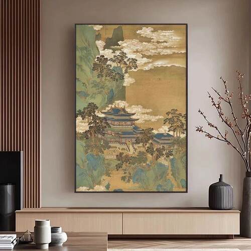 新款古典仙山楼阁新中式玄关挂画走廊过道风景壁画书房茶室装饰画
