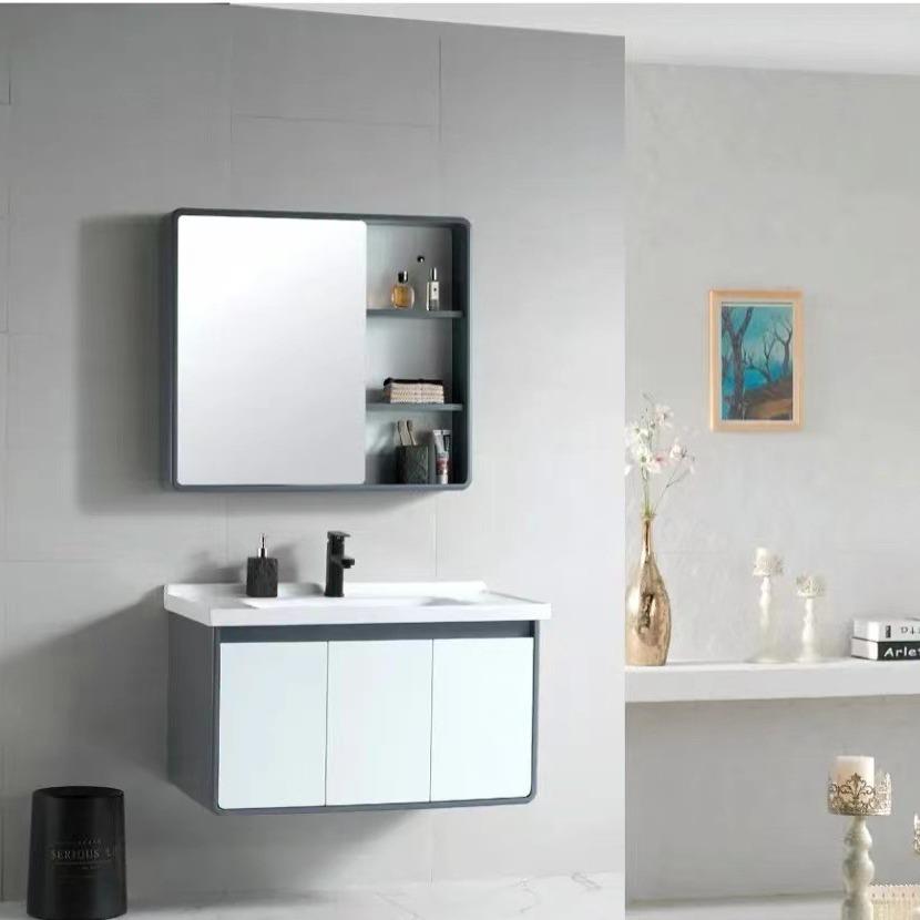2024灰白PVC浴室柜洗漱陶瓷盆PVCbathroomvanity挂墙柜防水防潮