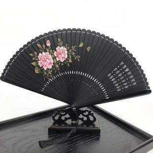 玫瑰全竹扇子折扇礼品扇工艺扇子竹制雕花镂空迷你折扇中国风 新款