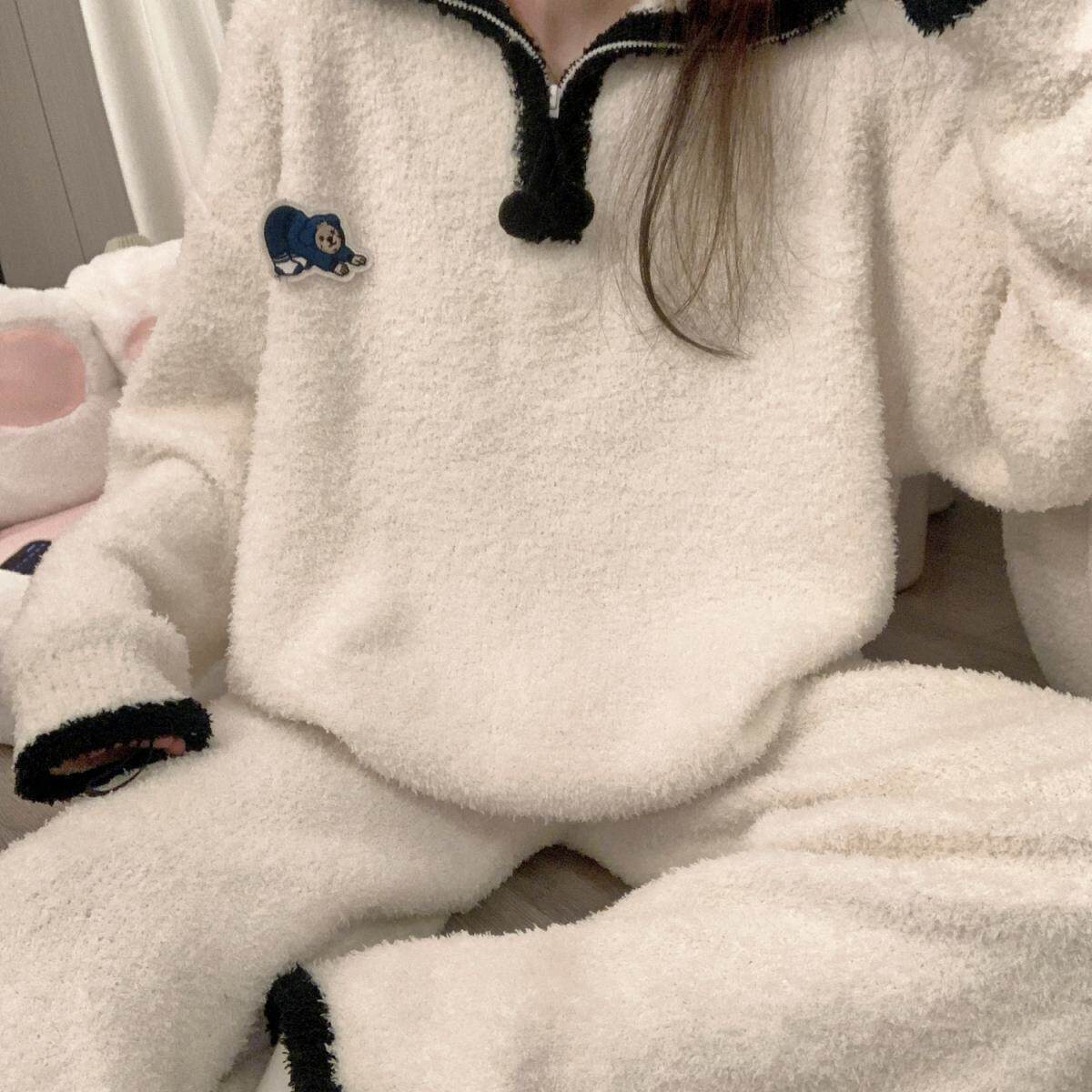 趴趴熊软糯半边绒睡衣女冬季2025新款加厚毛绒保暖家居服秋冬套装