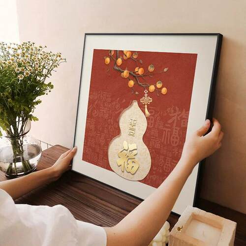 葫芦装饰画新中式餐厅玄关斗柜摆画挂画平安福字壁画百福图寓意好