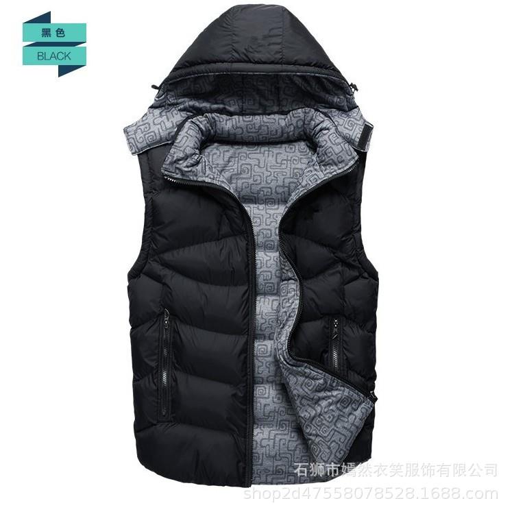 工厂秋冬保暖男式羽绒棉休闲马甲青年宽松两面穿开衫连帽背心