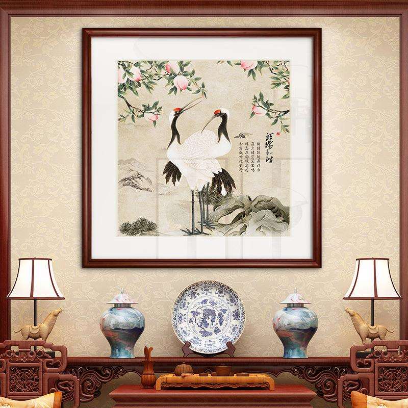 松鹤延年图装饰画中式客厅饭厅墙上挂画招财餐厅入门玄关风水壁画