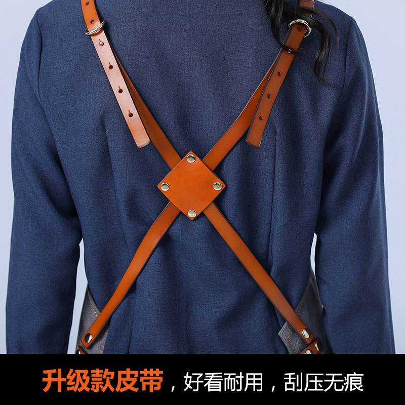 餐饮防水牛仔围裙咖啡师酒吧服务员男女皮背带美发工作服
