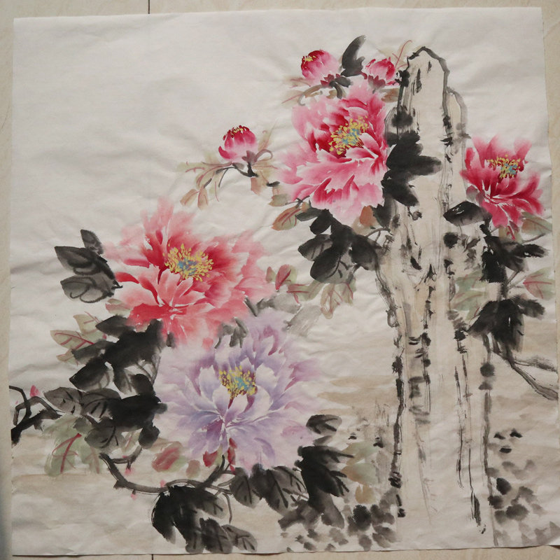 牡丹图手绘国画无框无款国色天香尺方斗茶楼客厅玄关装饰画