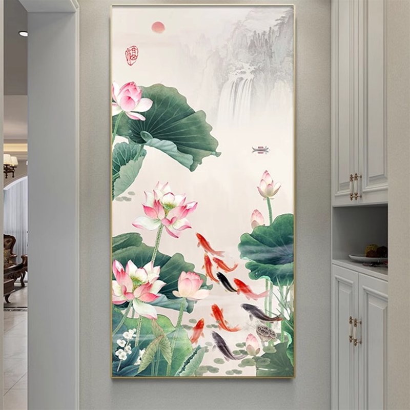 荷叶九鱼图玄关装饰画莲新九尾锂鱼聚财竖防水晶壁挂画