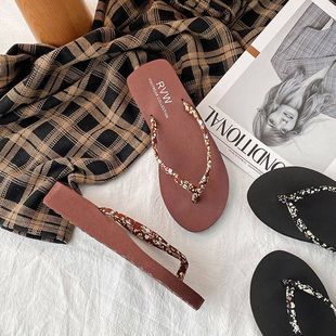 夹脚沙滩海边防滑耐磨厚底拖鞋 人字拖女ins潮夏外穿坡跟休闲时尚