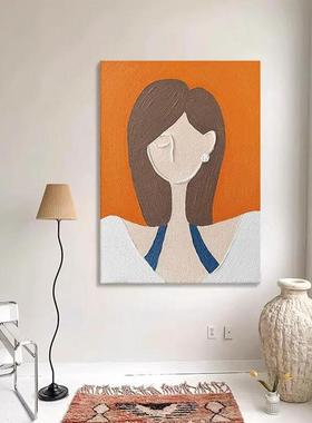 手绘油画抽象人物客厅餐厅装饰画橙色极简小众挂画走廊过道肌理画