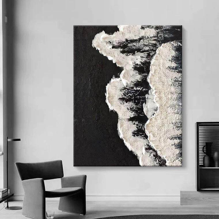 黑白海浪肌理画纯手绘大芬村油画竖版客厅玄关现代简约抽象装饰画
