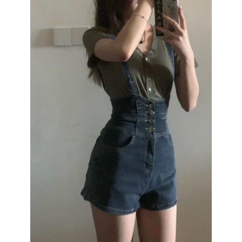 超高腰牛仔背带裤女2025夏季新款小众别致复古修身显瘦百搭短裤子