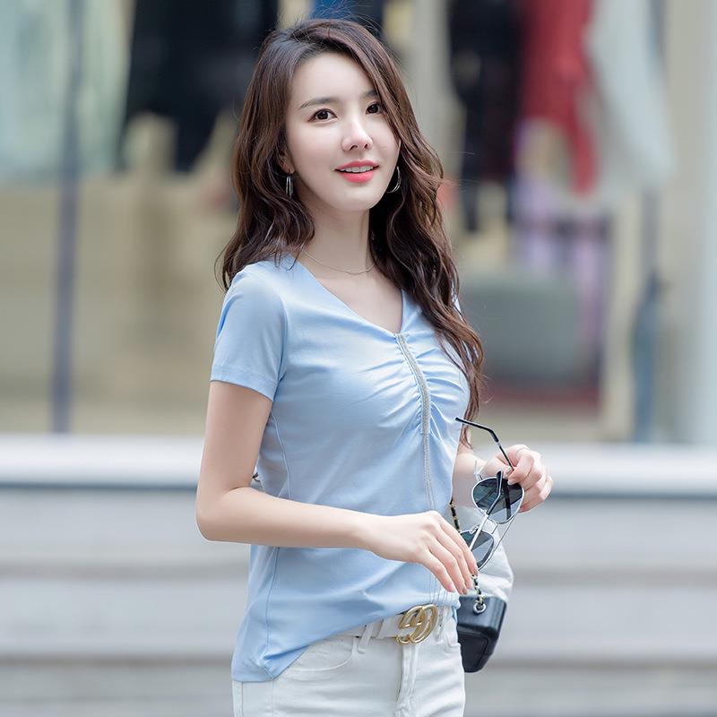 2025春夏装纯棉短袖T恤女高级感褶皱流苏丝光棉韩版V领汗衫6927