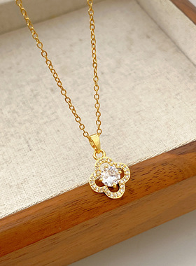 锆石镂空四叶草项链轻奢锁骨链