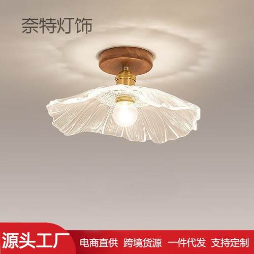 新中式吸顶灯创意个性过道玄关灯入户门厅阳台实木胡桃木色轻奢灯