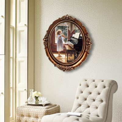 钢琴上方挂画欧式物油画圆形椭圆形框琴房玄关装饰画画面换