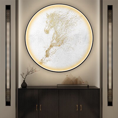 新圆形玄关装饰画骏马ld氛围灯发光壁画客厅沙发背景墙挂画