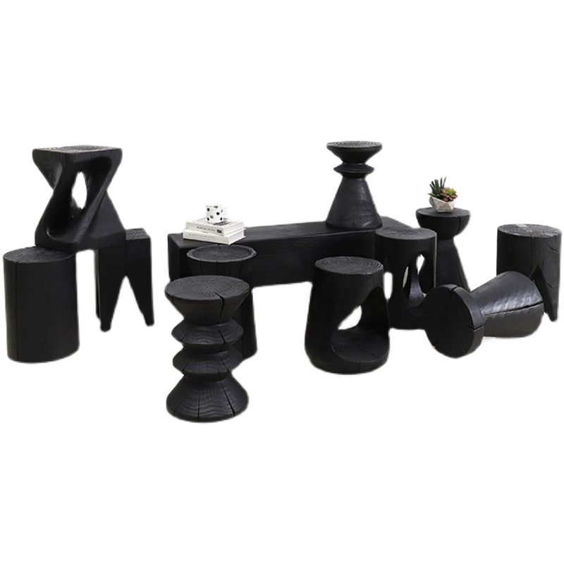 侘寂风实木墩子碳化黑色坐凳树桩边角几民宿木桩根雕