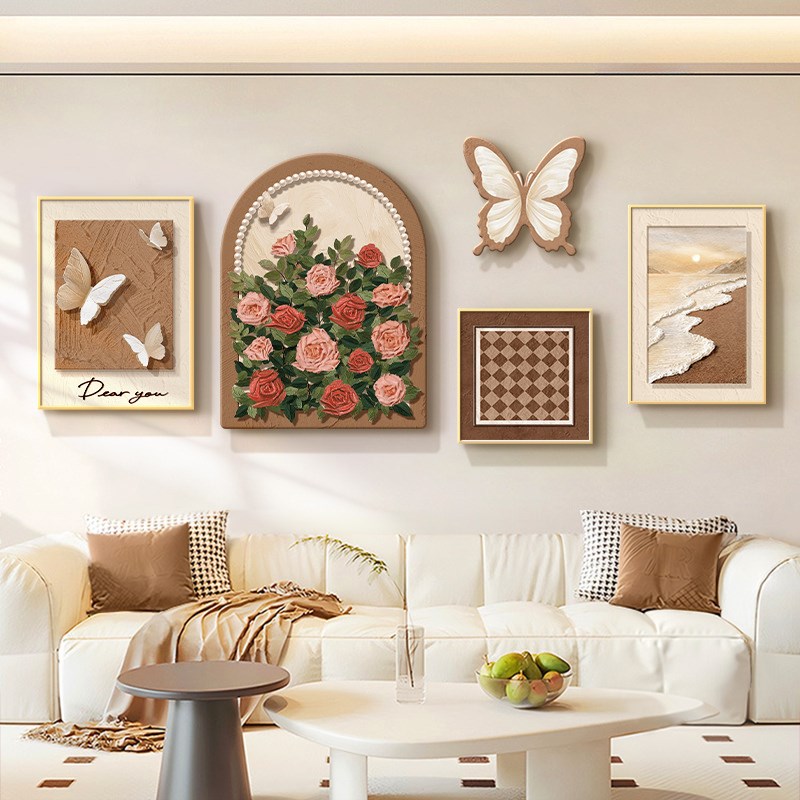 法式奶油风客厅装饰画高级感沙发背景墙挂画创意玫瑰组合餐厅壁画