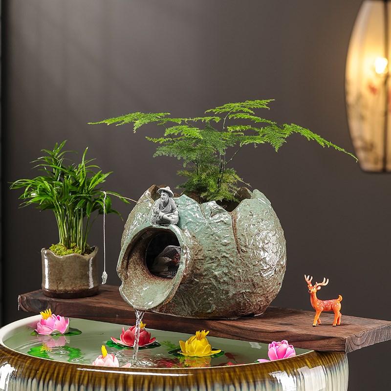 创意生态缸古法鱼缸流q水循环陶瓷开口罐循环过滤造景庭院流水摆