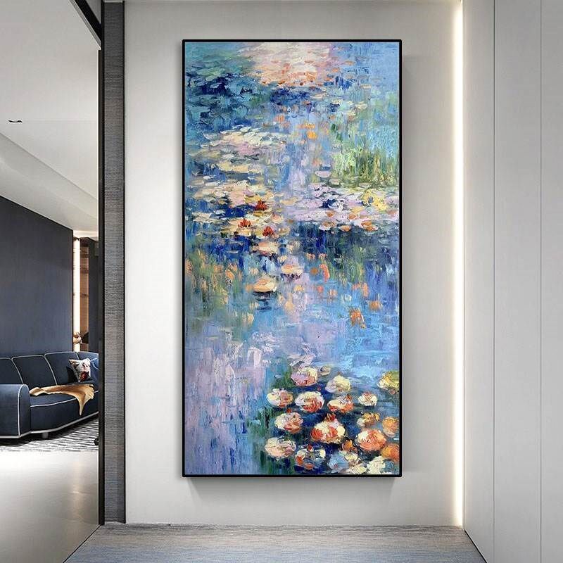 手绘油画欧式古典印象派荷塘玄关竖饰画过道走廊挂画风景壁画
