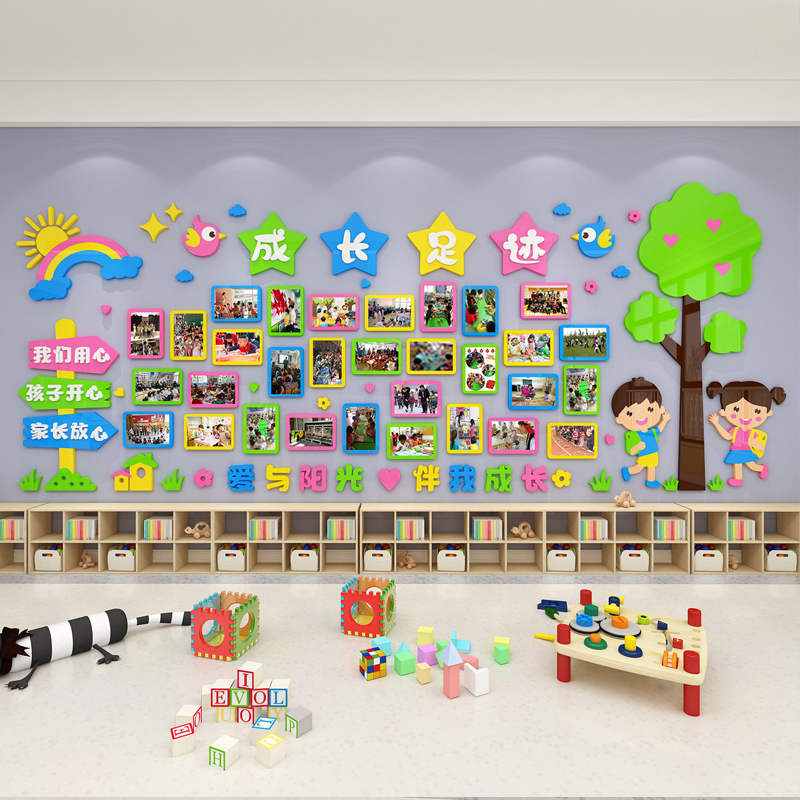幼儿园照片墙面装饰成长相片展示卡通动物学校环创布置相框墙贴画图片