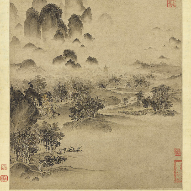 宋徽宗 赵佶 溪山秋色图 竖轴挂画人物画高清微喷复制装饰画临摹