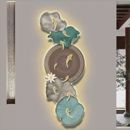 抖快九鱼图入户玄关饰画抽象荷叶灯壁画正对门走廊过道