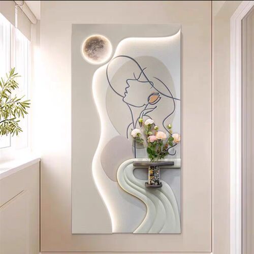 奶油风玄关饰画竖水培绿植挂画砂岩肌理画级感艺术玄关画