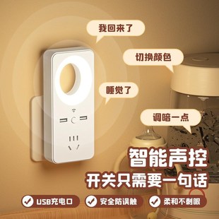 公年语音控制声控感应小夜灯小台灯卧室床头灯带插座一体式护眼灯