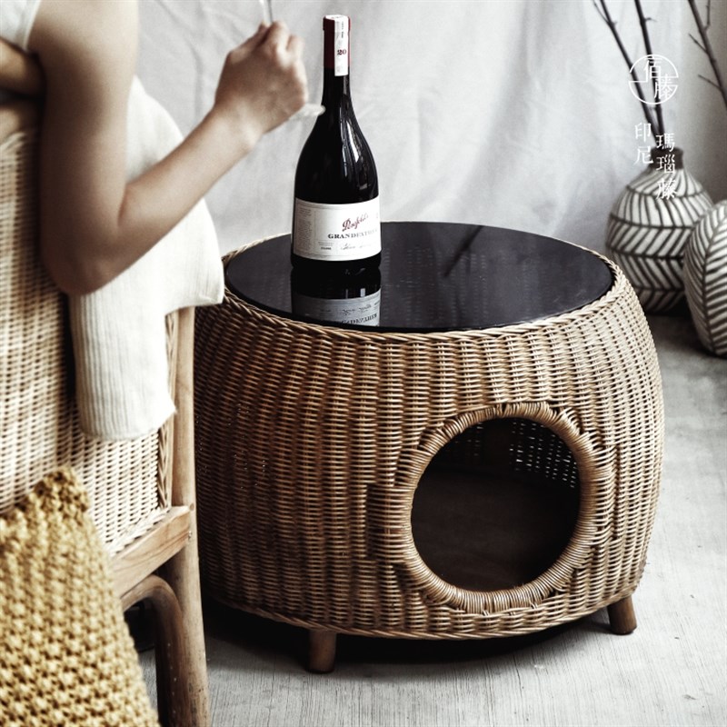 印尼藤编茶几茶桌圆形猫窝现代小圆桌欧式矮桌子小茶几配沙发