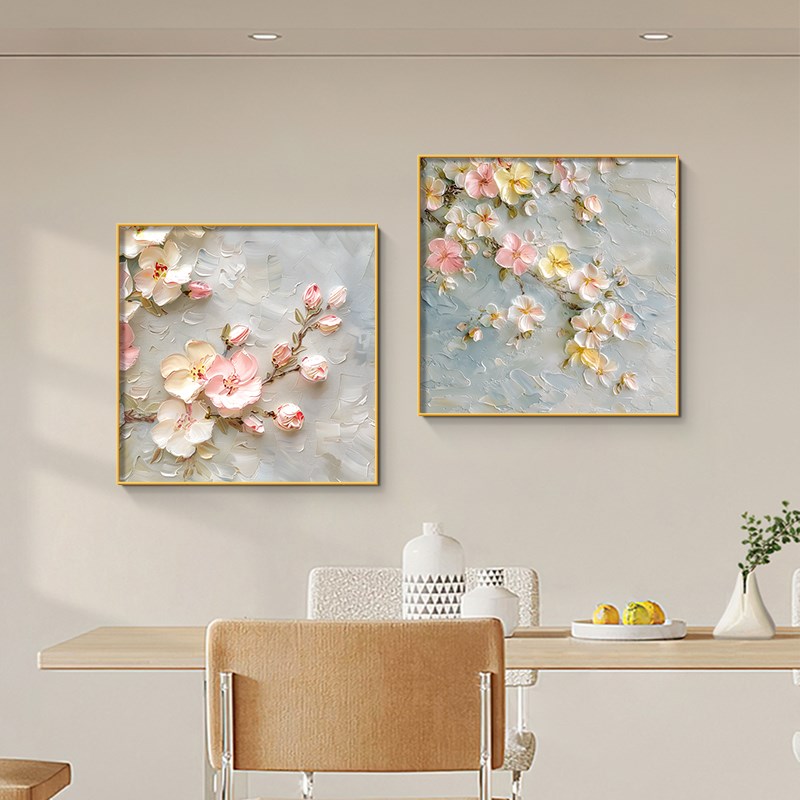 花卉肌理感餐厅装饰画奶油风桃花温馨饭厅墙面挂画简约正方形壁画图片
