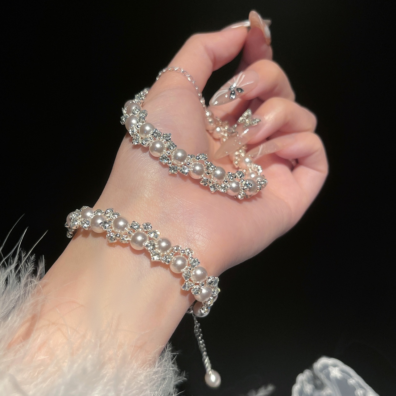 超闪精致双层叠戴锆石珍珠手链女轻奢小众精致串珠闺蜜手串手饰
