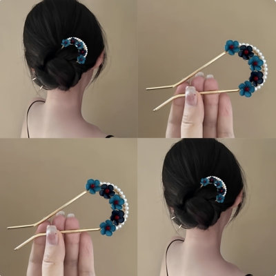 新中式翠蓝花朵珍珠发簪古风高级感u型簪子女时尚百搭汉服发饰品