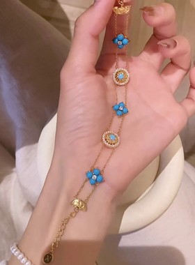 民族风四叶花双层手链复古轻奢雏菊圆盘轻奢仿绿松石蓝色手饰女
