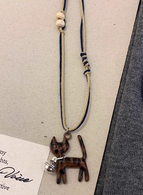 秋冬铃铛豹纹小猫双股编绳吊坠项链女配饰复古轻奢小众长款毛衣链